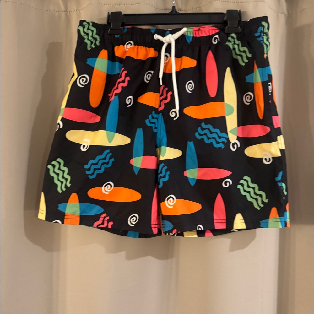 City Streets Black Swim Trunks with Multicolor Surfboard Print